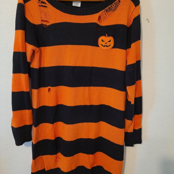 Spirit Costume Pumpkin Patch Black & Orange Stripe Distressed Sweater Dress - Picture 1 of 4